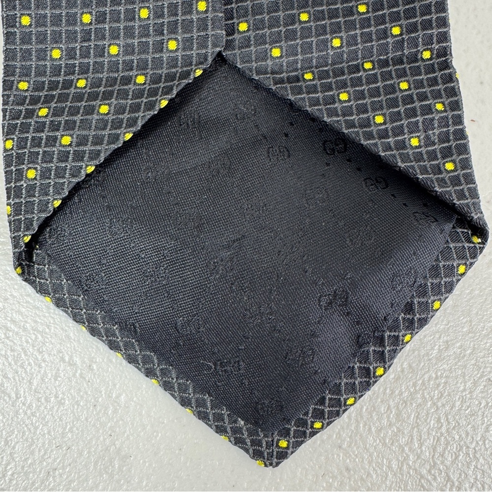Gucci Silk Tie Gray Yellow Micro Dot Pattern Designer Luxury Necktie - Picture 6 of 16